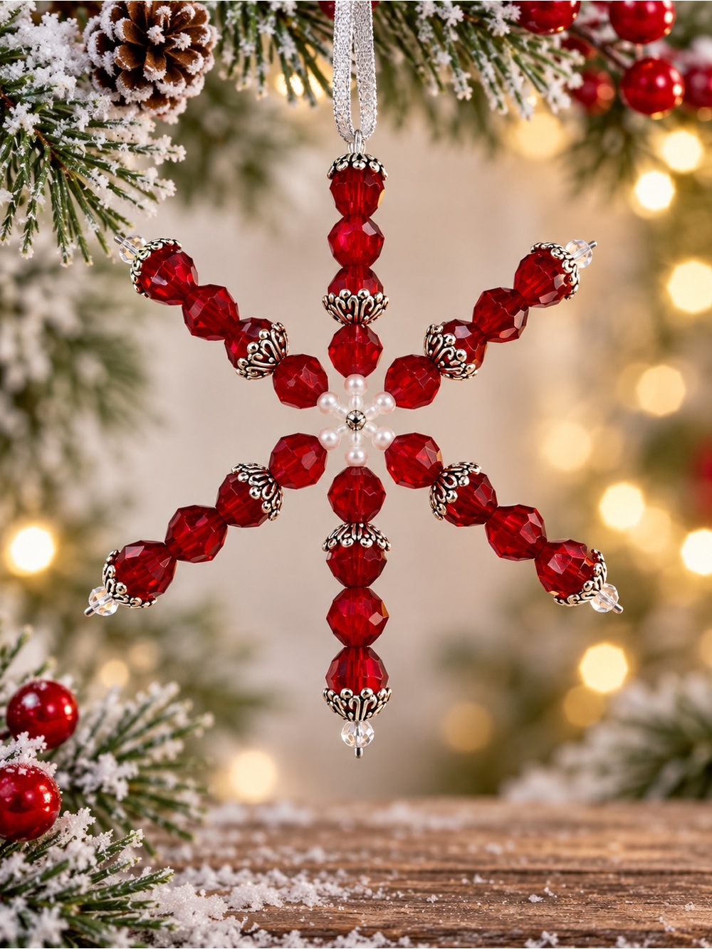 Red Beaded Snowflake Christmas Ornament Silver Tone Holiday Decor Handmade